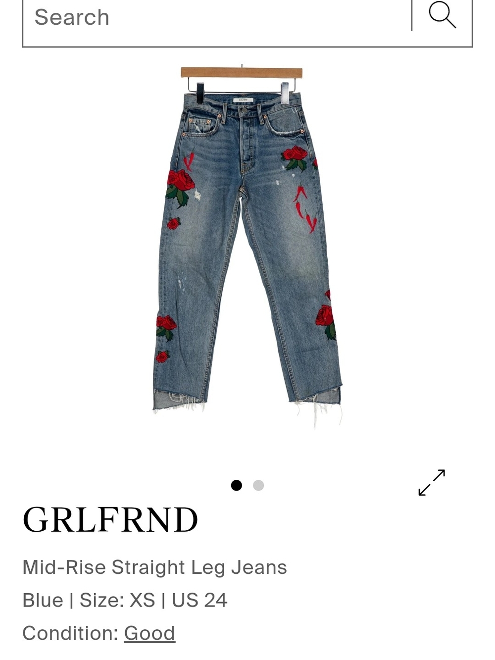 GRLFRND Blue Straight Leg Jeans with Red Rose Embroidery
